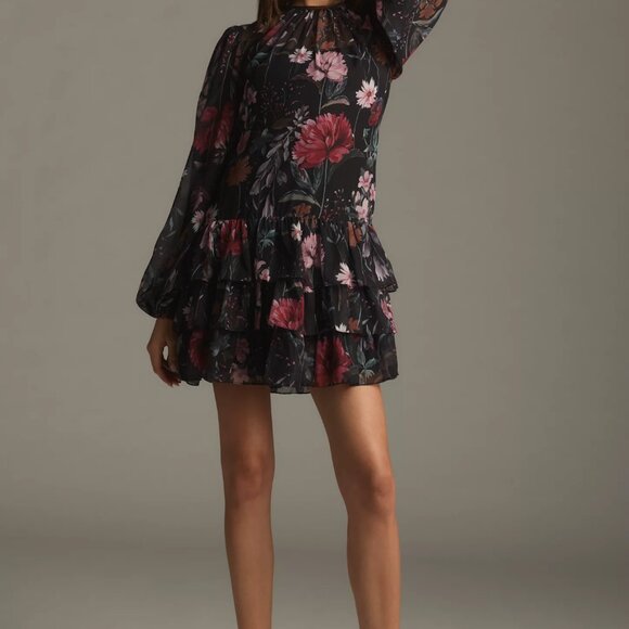 Ieena for Mac Duggal Long-Sleeve Ruffled Chiffon Floral Mini Dress Size 8 - Picture 14 of 14